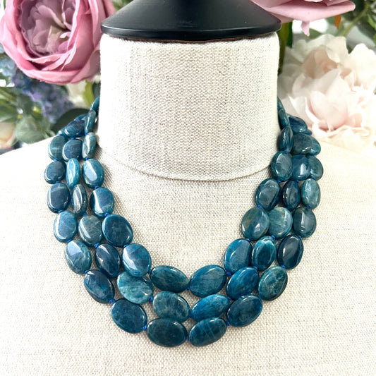 925 Blue Apatite Hand Knotted Three Strand Necklace with a Chunky Gold Overlay 925 Silver Magnetic Clasp