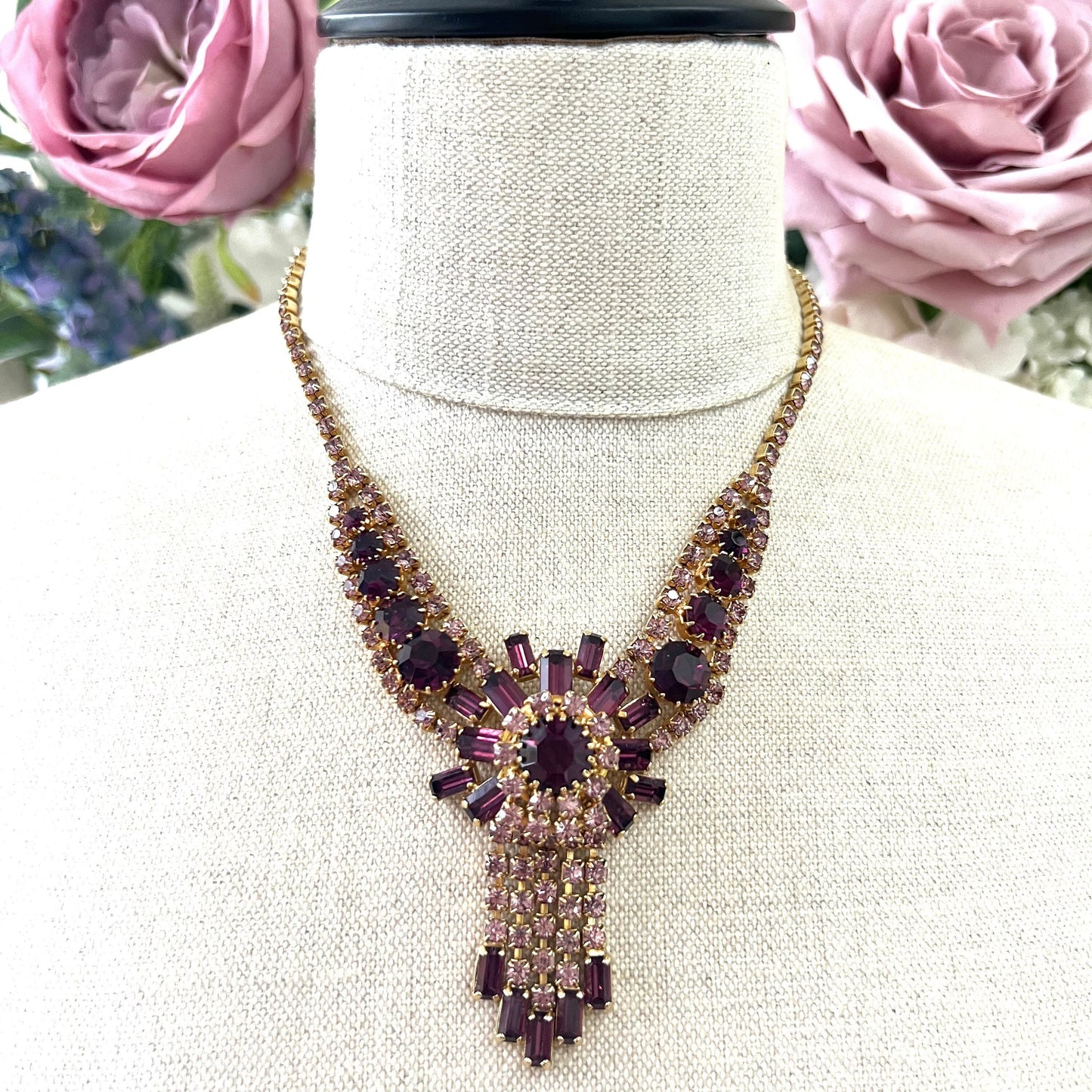 1950s Amethyst Glass Articulated Waterfall Necklace