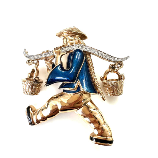 Vintage 1980's 18ct Gold Plated, Enamel and Crystal Asian Water Carrier with Yoke Brooch