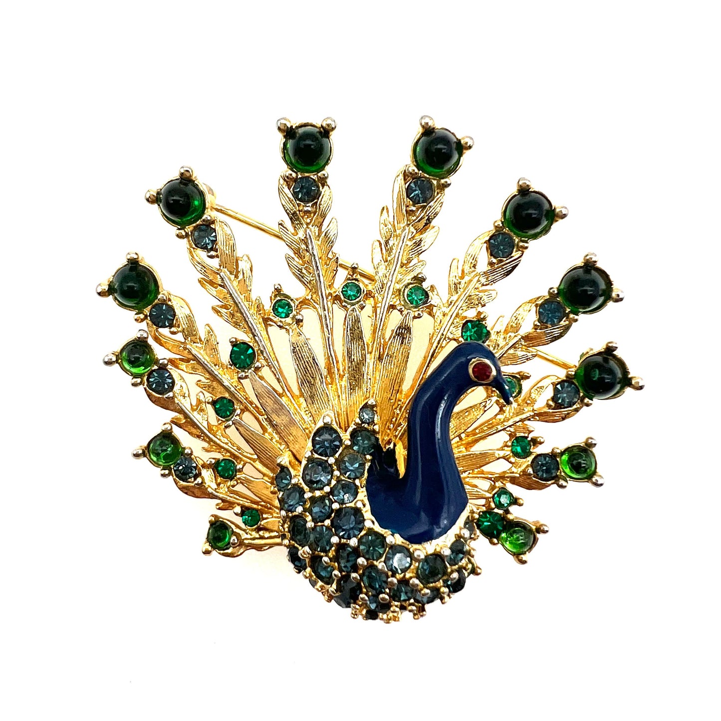 Unsigned Enamel, Rhinestone and Glass Gold Tone Peacock Brooch