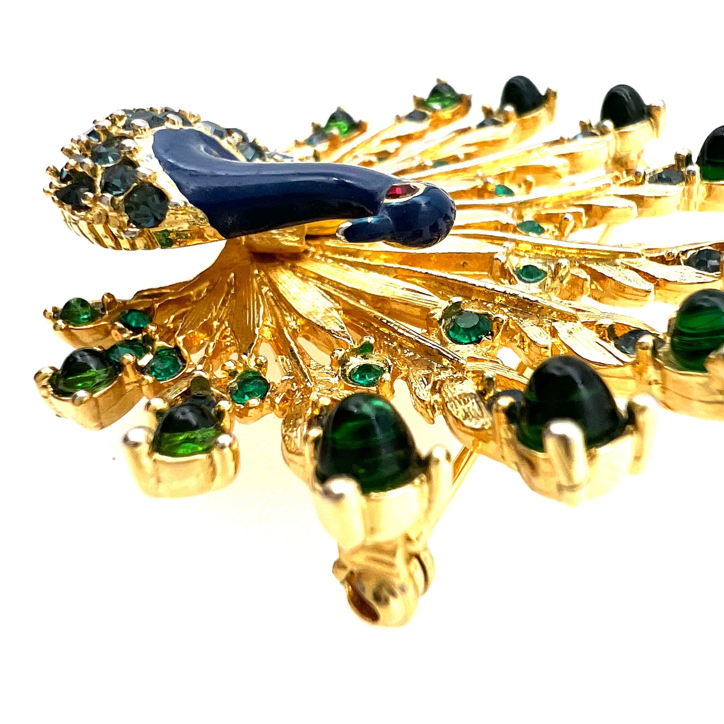 Unsigned Enamel, Rhinestone and Glass Gold Tone Peacock Brooch