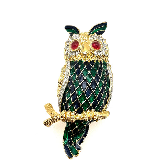 D'Orlan 22ct Triple Plated Gold, Enamel and Crystal Owl on Branch Brooch