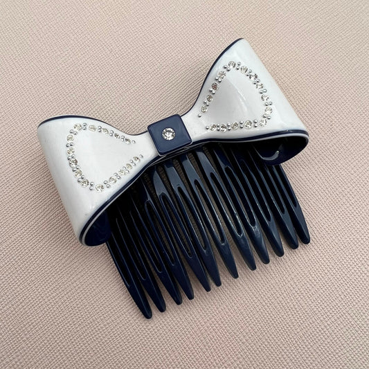Mary Quant Navy and White Crystal Embellished Bow Hair Slide/Comb