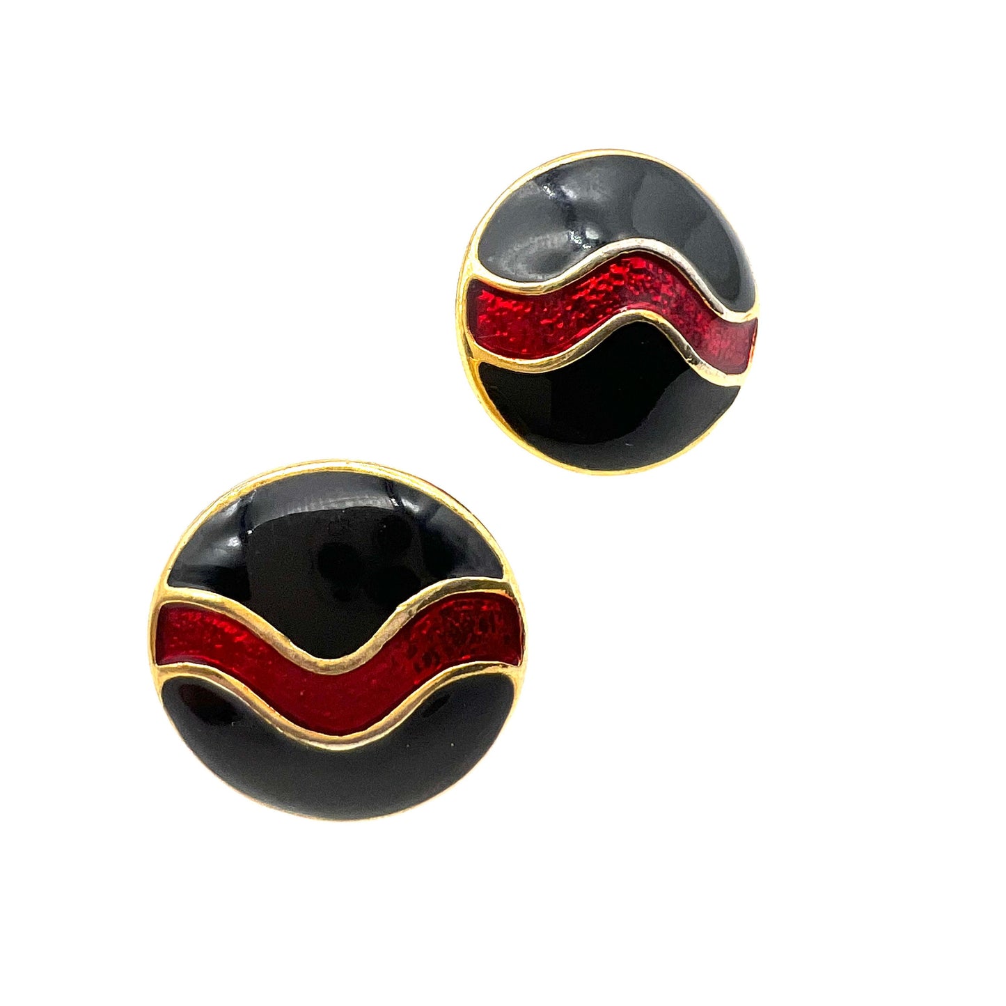 Signed 20832 Round Black and Red Enamel Pierced Earrings