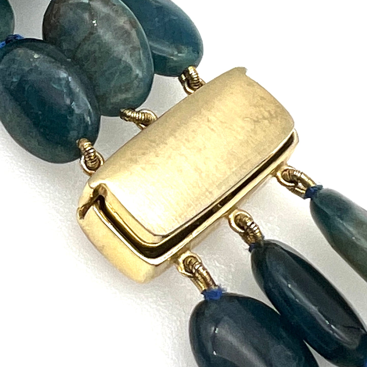 925 Blue Apatite Hand Knotted Three Strand Necklace with a Chunky Gold Overlay 925 Silver Magnetic Clasp