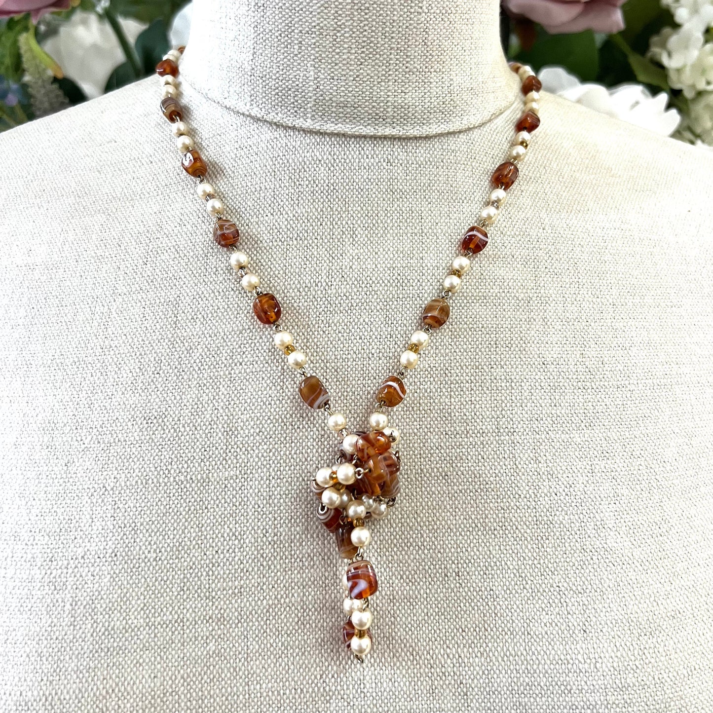 Single Strand Honey Tone Art Glass Bead and Faux Pearl Necklace