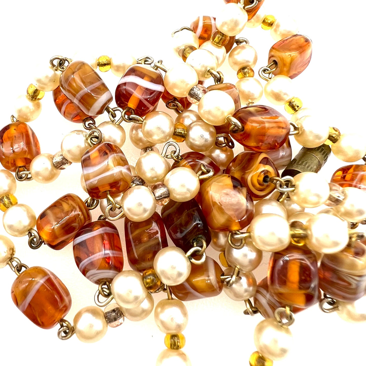 Single Strand Honey Tone Art Glass Bead and Faux Pearl Necklace