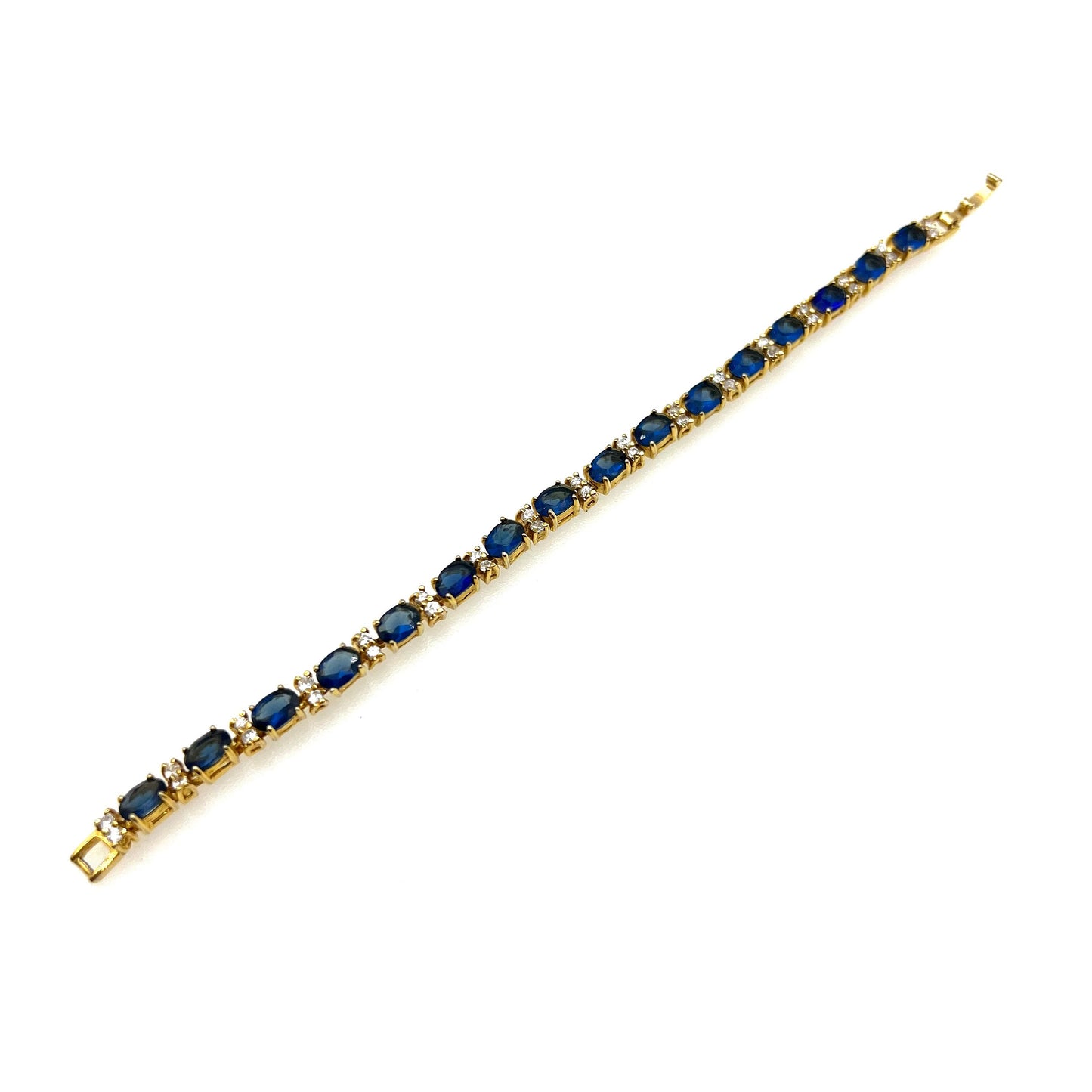 Unsigned Royal Blue and Clear Crystal 18ct Gold Plated Chain Link Bracelet