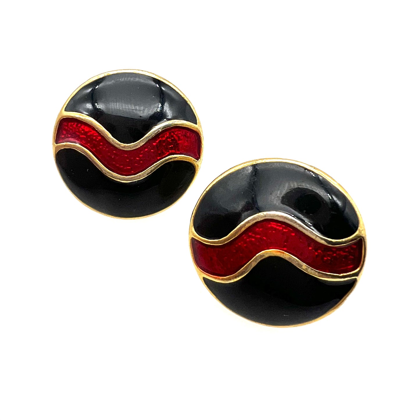 Signed 20832 Round Black and Red Enamel Pierced Earrings