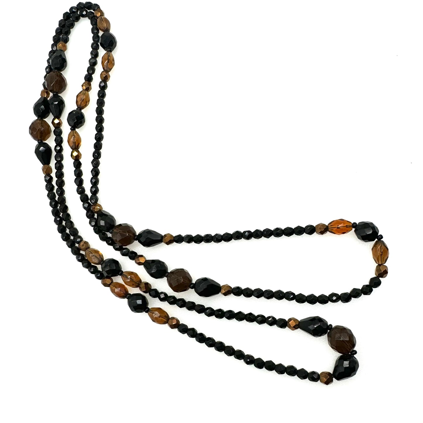 Long Black, Cognac and Smokey Vari Shape Faceted Glass Bead Necklace