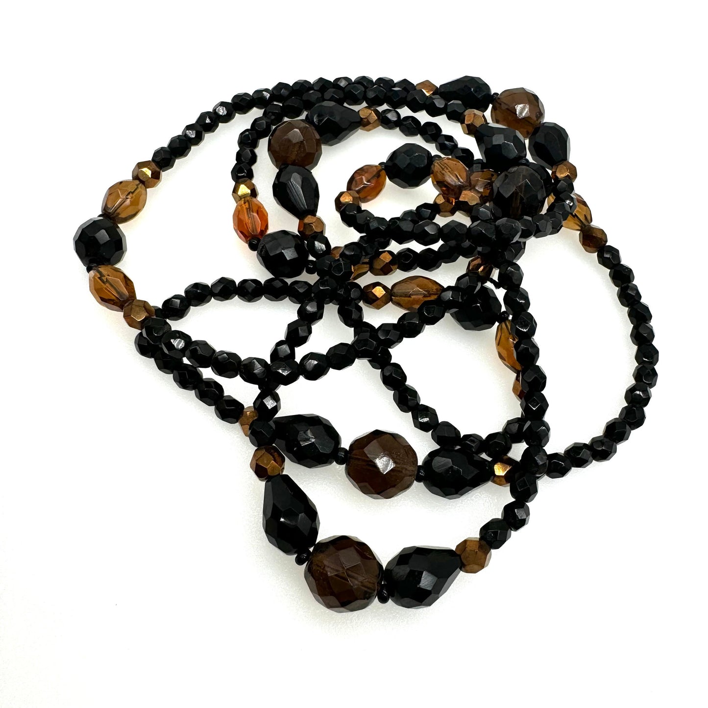 Long Black, Cognac and Smokey Vari Shape Faceted Glass Bead Necklace