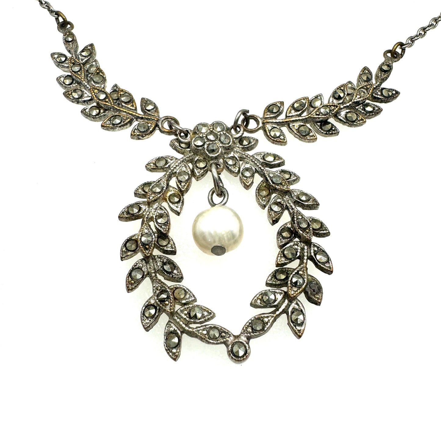 Unsigned Marcasite and River Pearl Silver Tone Belle Epoque Vintage Pendant Necklace