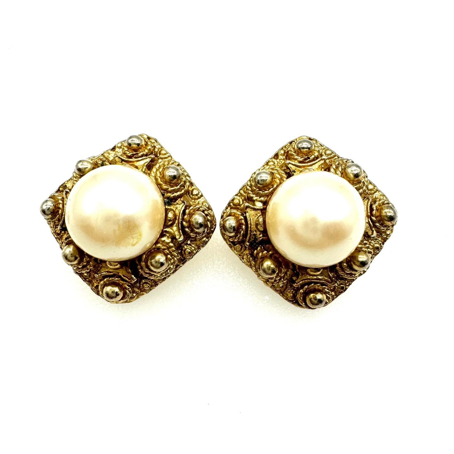 Signed West - Cannetille Design Faux Pearl Clip On Earrings