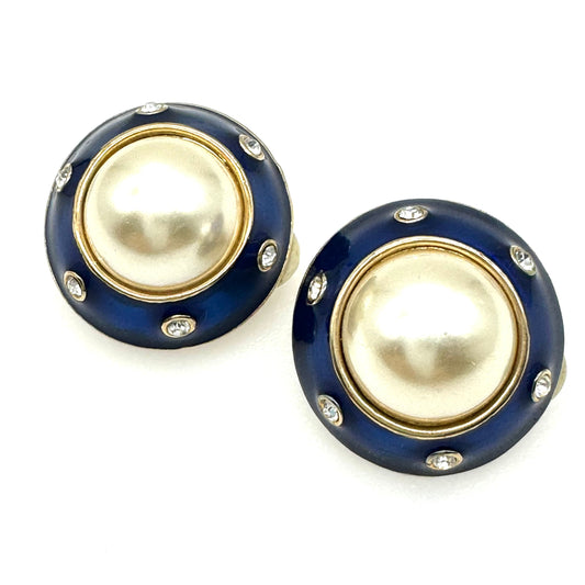 Vintage Blue Enamel and Rhinestone Faux Pearl Clip On Earrings