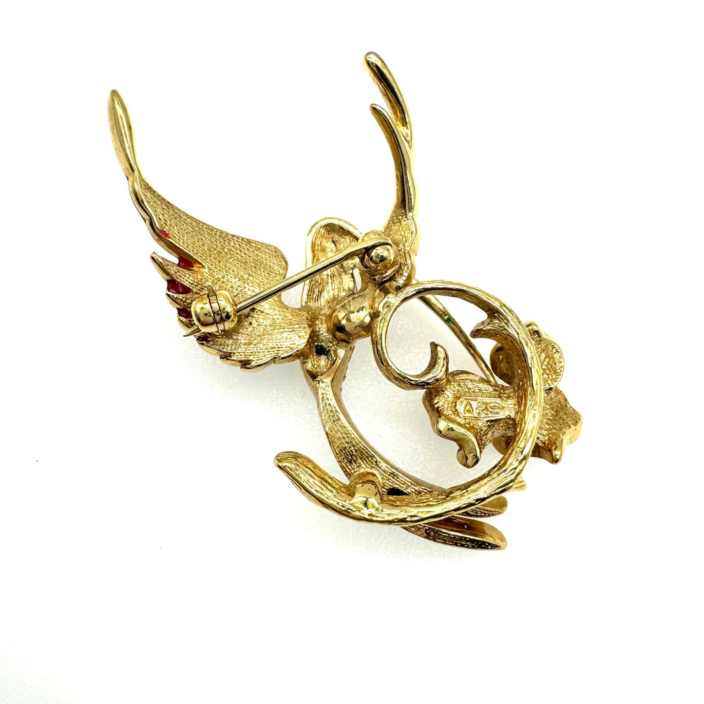 Attwood and Sawyer 22ct gold plated Red and Black Enamel and Swarovski Crystal Hummingbird and Flower Brooch