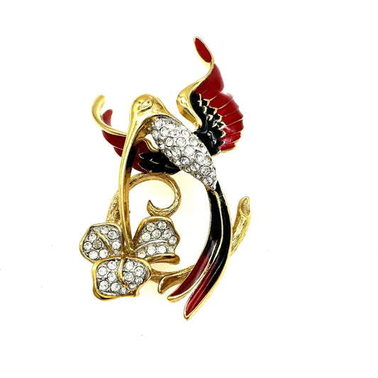 Attwood and Sawyer 22ct gold plated Red and Black Enamel and Swarovski Crystal Hummingbird and Flower Brooch