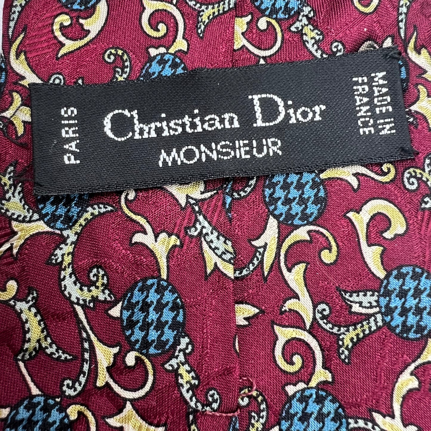 Christian Dior Monsieur Burgundy Acanthe et Houndstooth Motif Pure Silk Tie des années 1980