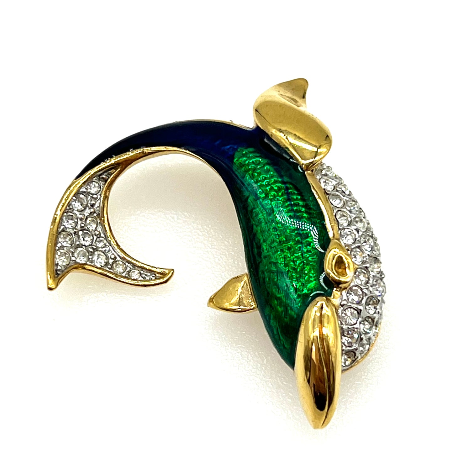 Large Attwood and Sawyer 22ct Gold Plated Dolphin Pave and Enamel Brooch
