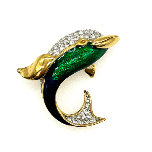 Large Attwood and Sawyer 22ct Gold Plated Dolphin Pave and Enamel Brooch