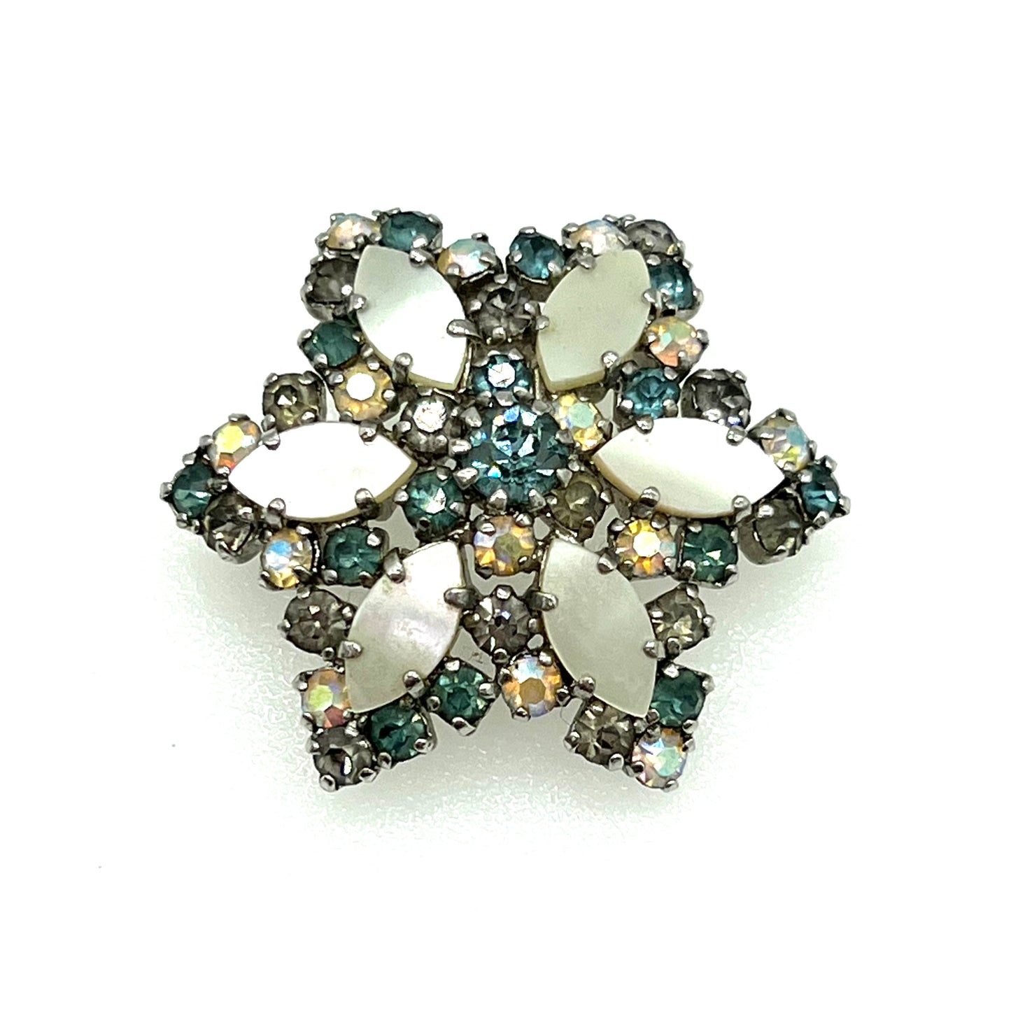 A Pretty Aurora Borealis and Mother of Pearl Brooch with Blue Rhinestones