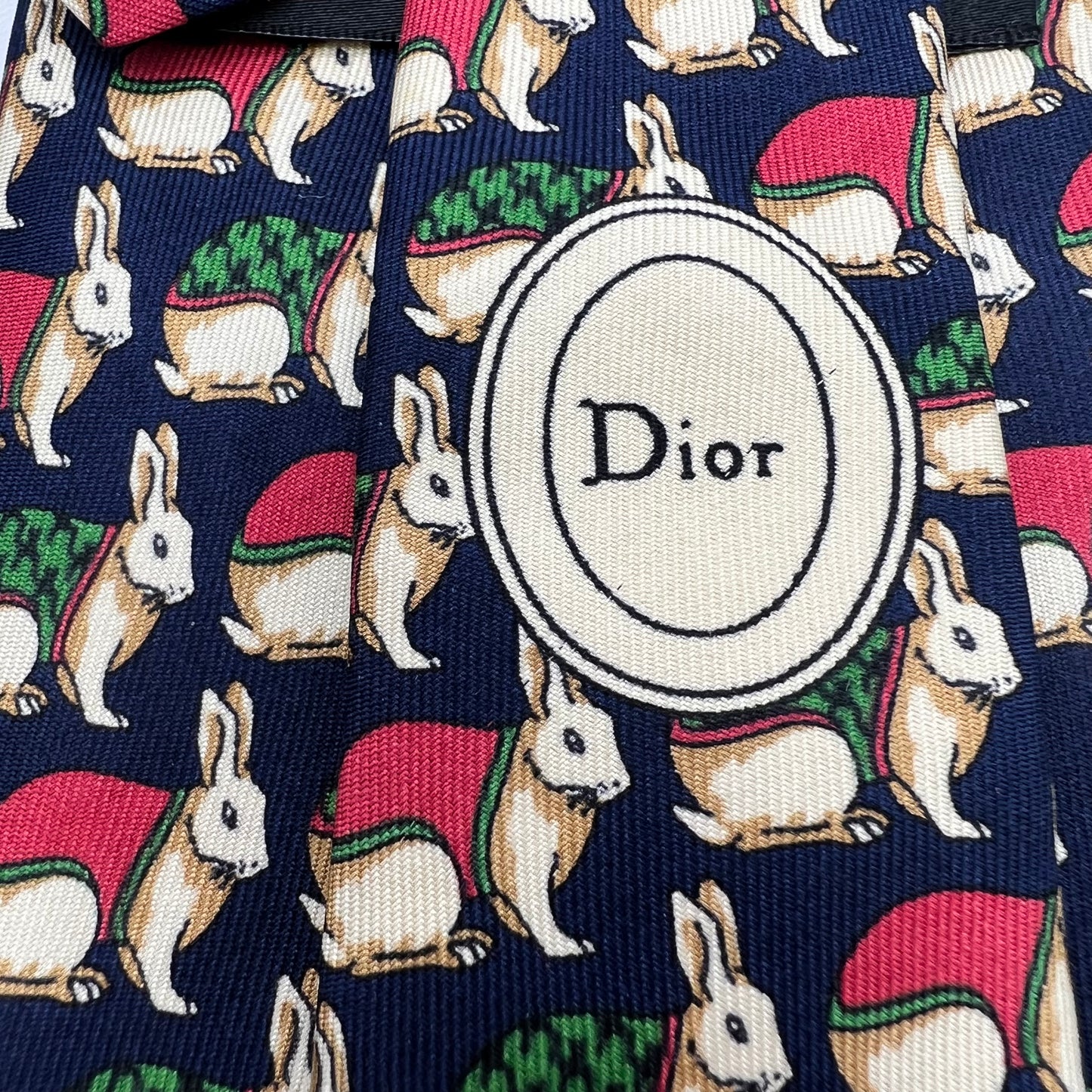 Cravate en soie pure Christian Dior Monsieur White Rabbits des années 1980