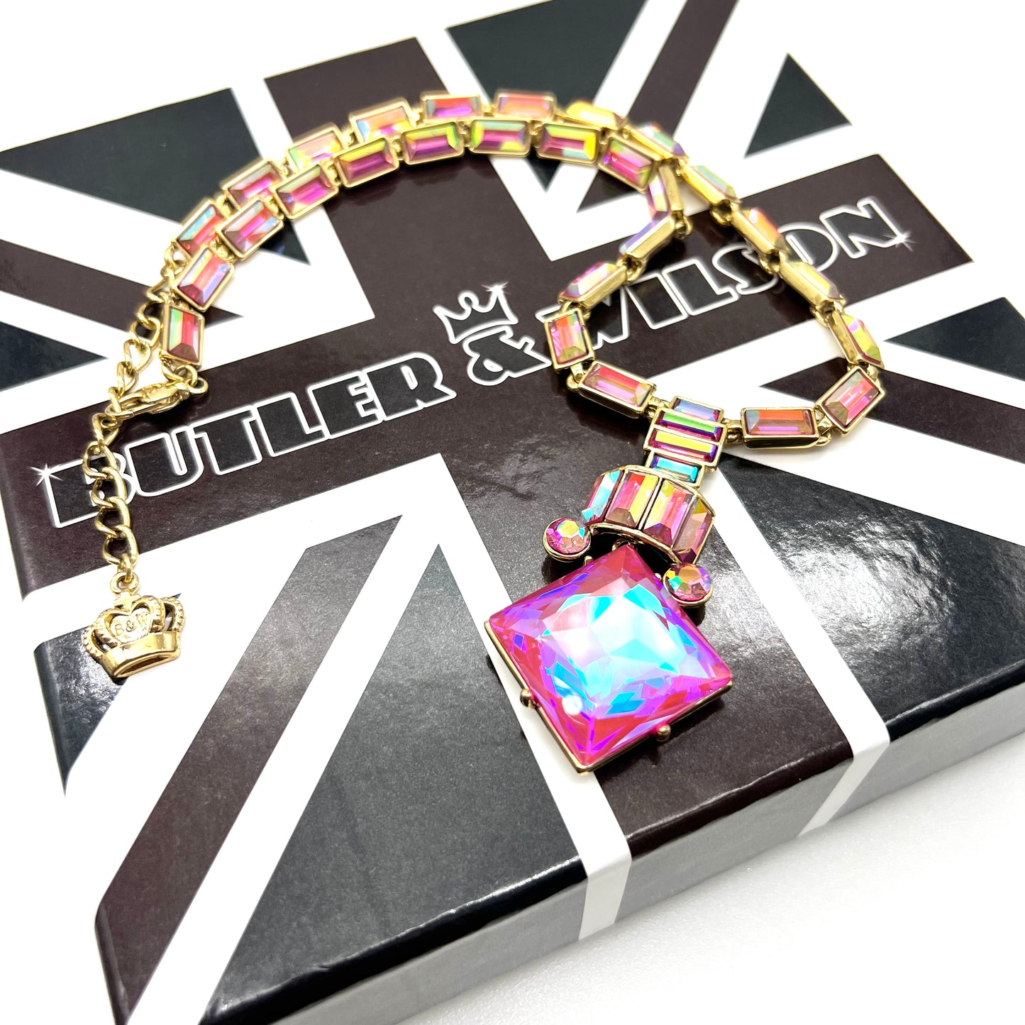 Butler and Wilson Aurora Borealis Crystal Art Deco Inspired Square Pendant Necklace in Original Box (Future Collectible)