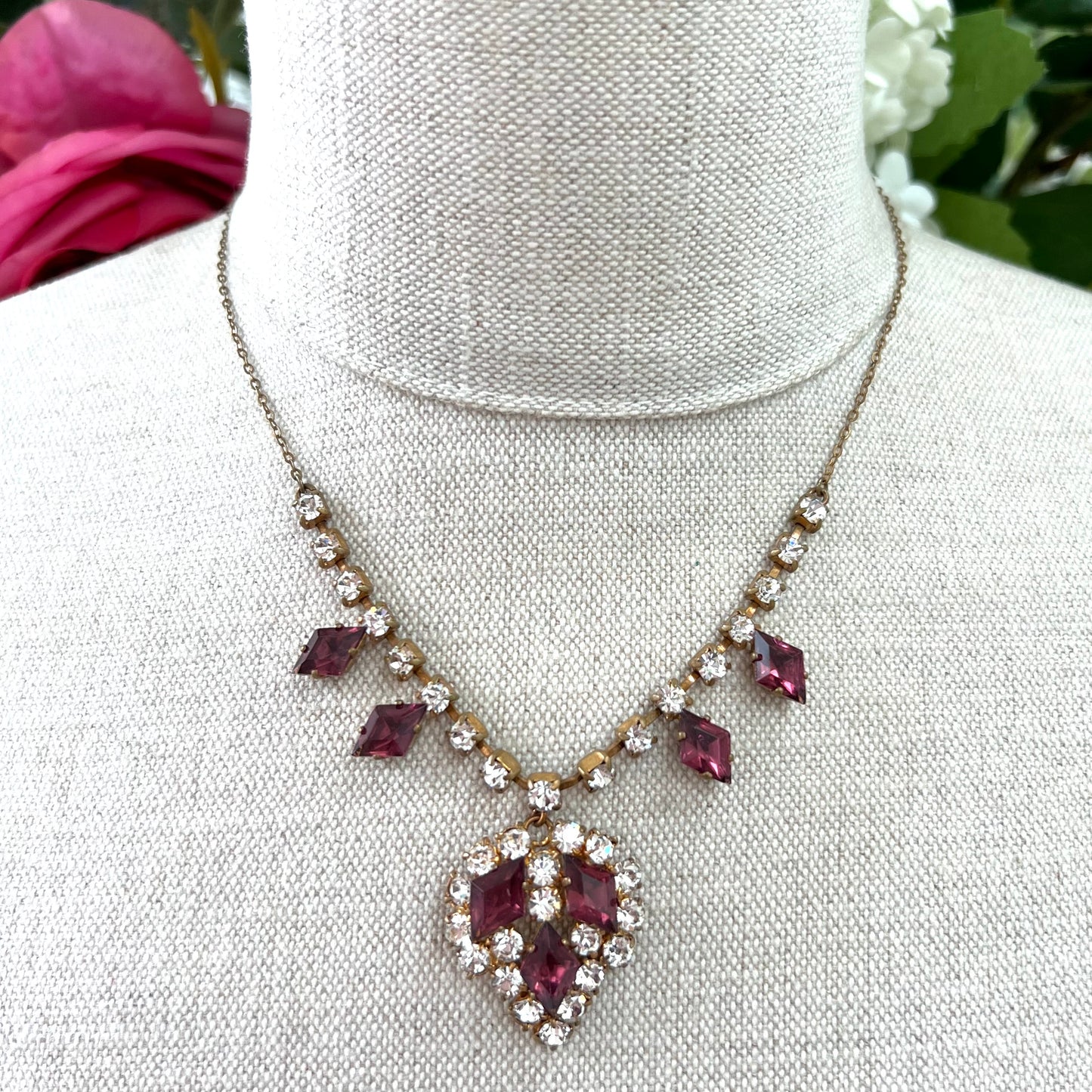 1950's Rhinestone Necklace with Claw Set Aubergine and Clear Rhinestones
