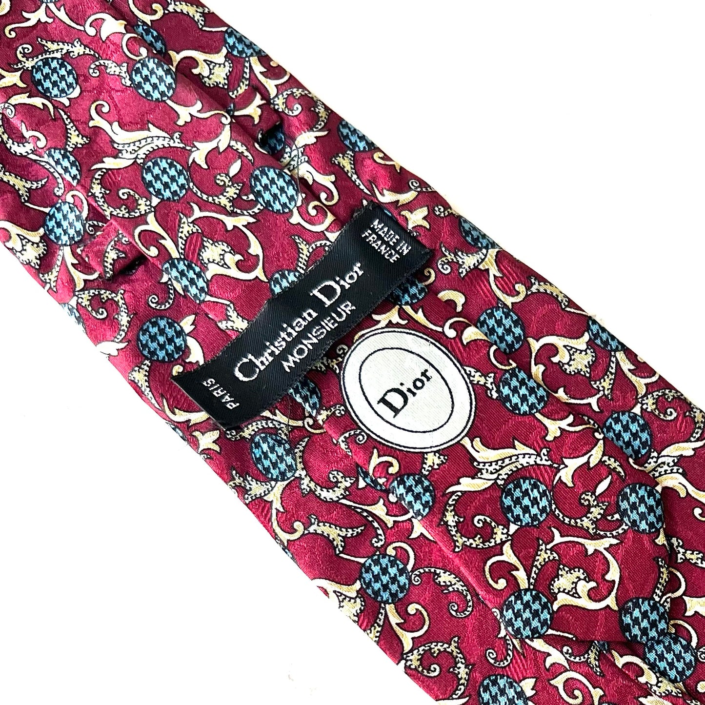 1980's Christian Dior Monsieur Burgundy Acanthus and Houndstooth Motif Pure Silk Tie