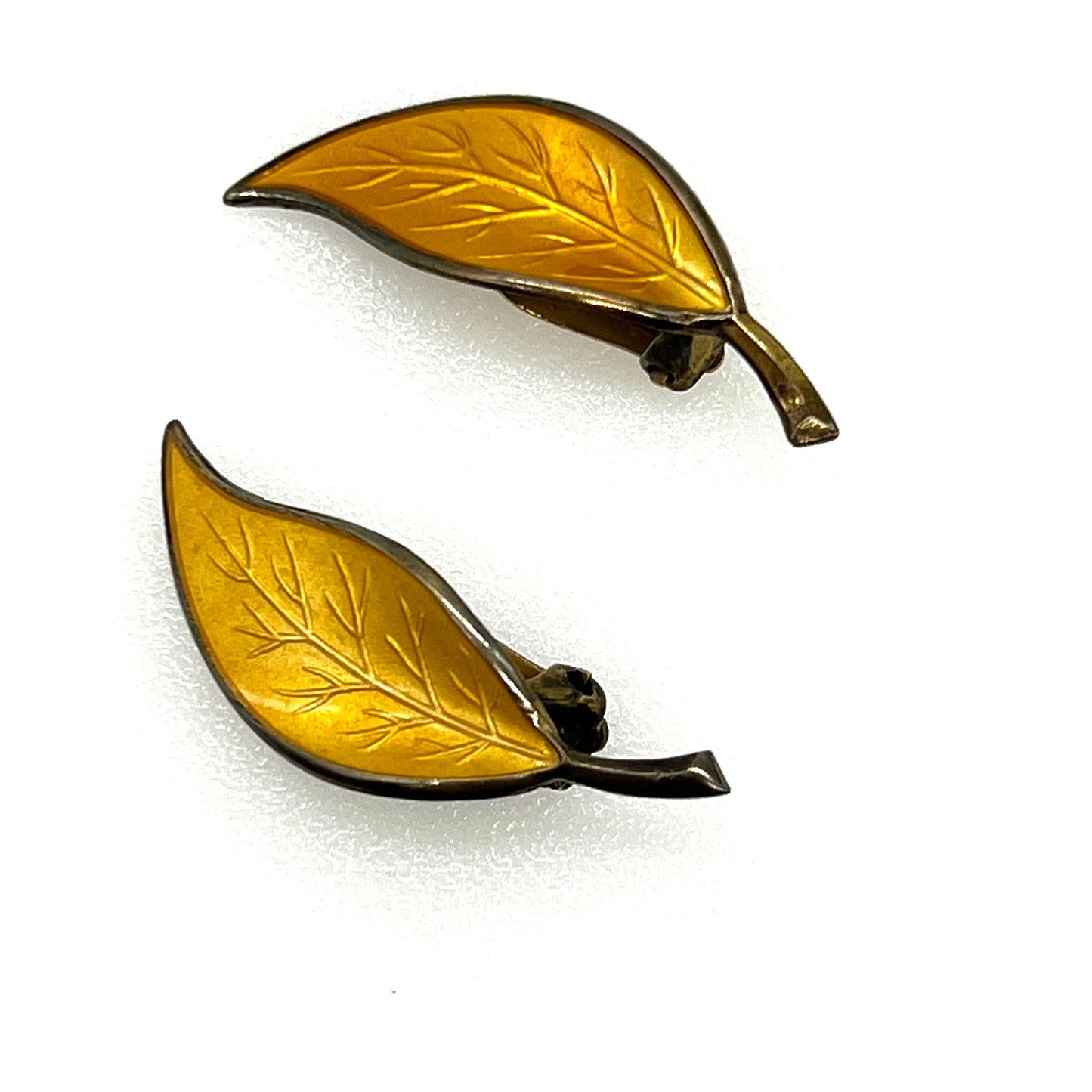 David Andersen Clip on Guilloche Enamel and Sterling Silver Leaf Earrings