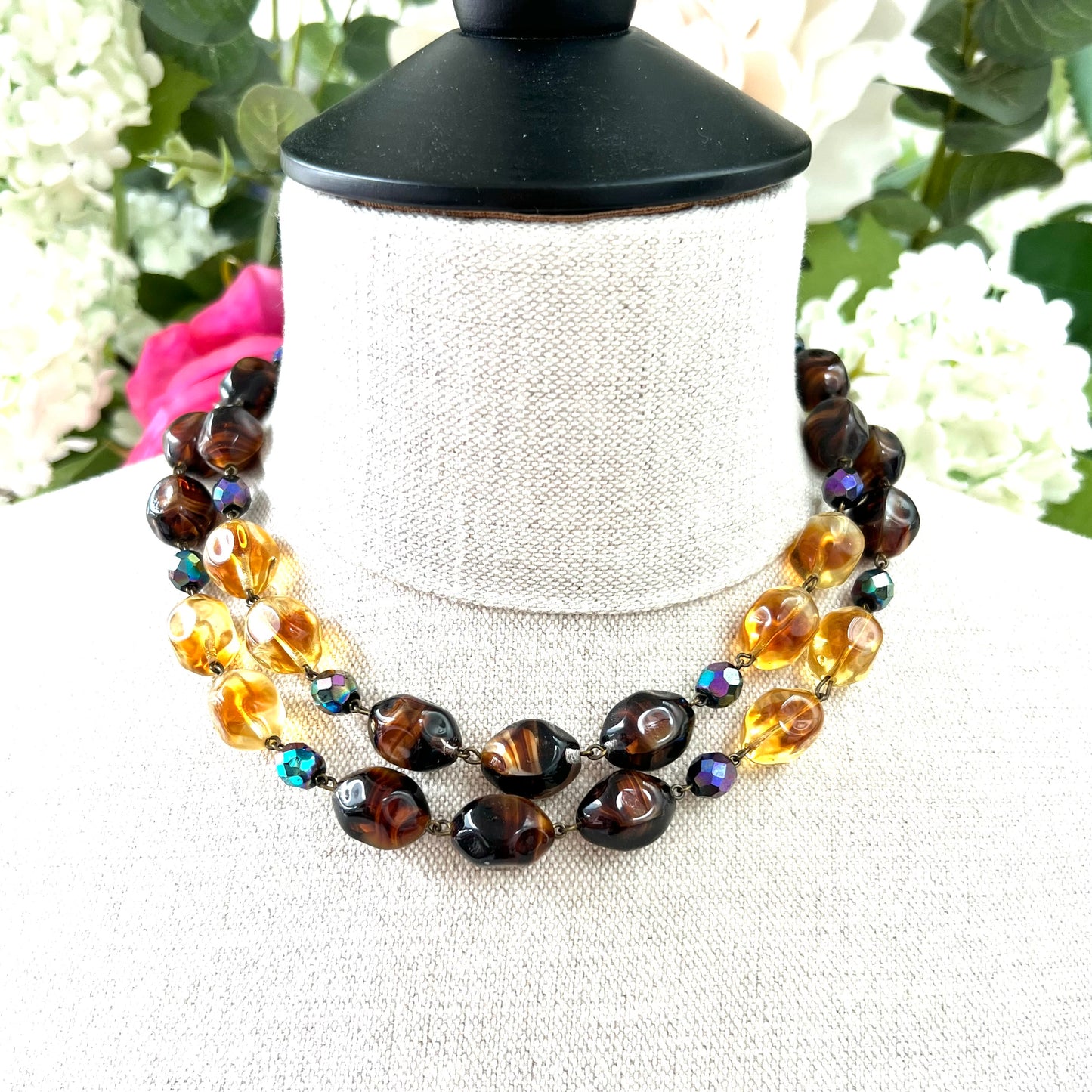Heavy Molded Banded Agate Glass, Citrine Glass and Black Faceted Glass Two Strand Beaded Necklace