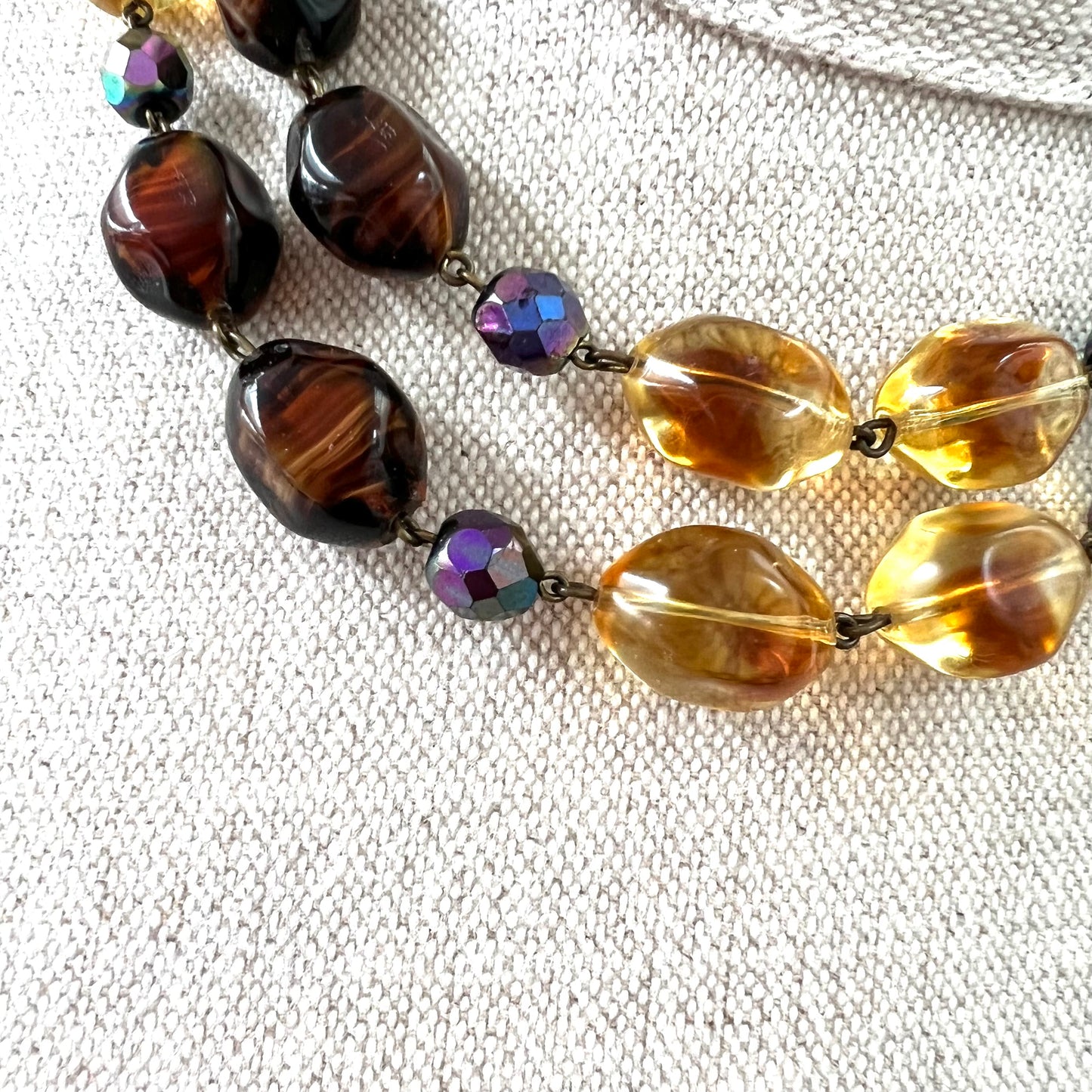 Heavy Molded Banded Agate Glass, Citrine Glass and Black Faceted Glass Two Strand Beaded Necklace
